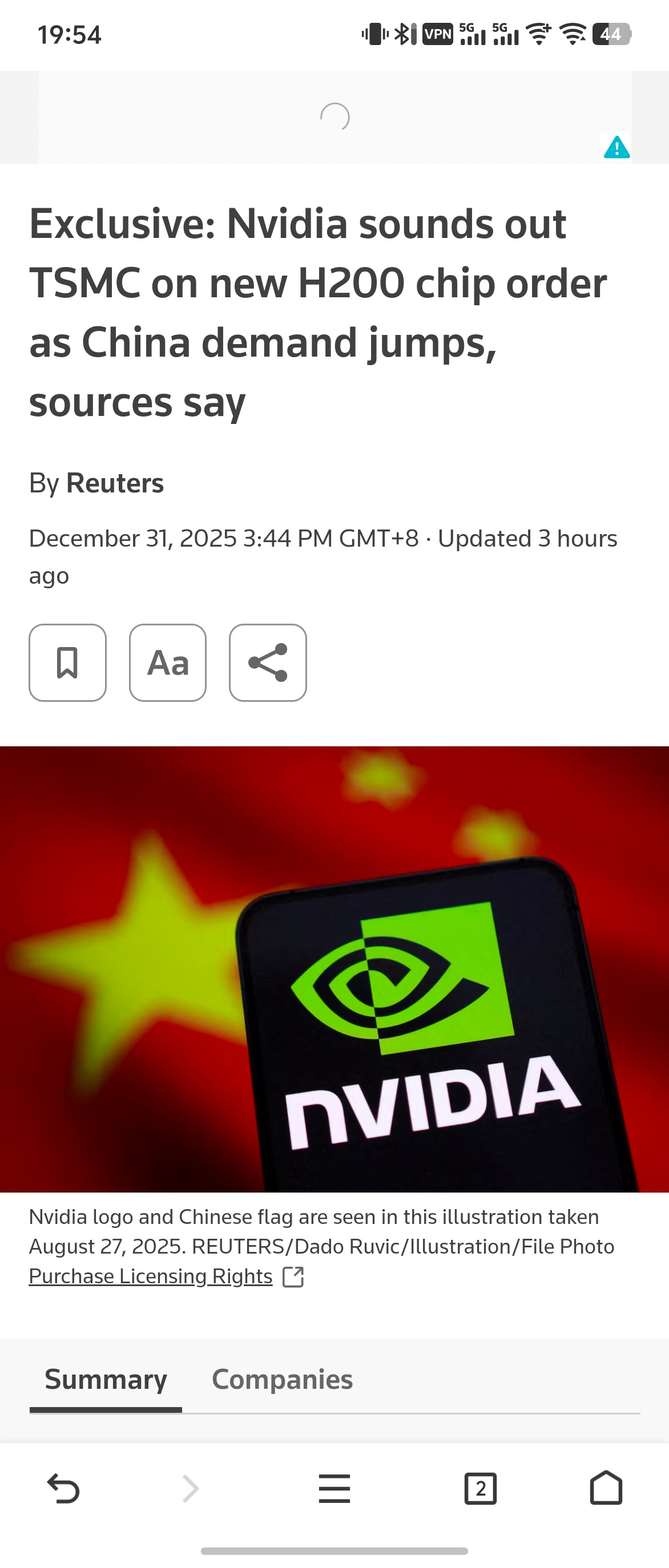 路透社：英伟达已经向台积电紧急下单增产 H200 芯片，因为中国市场的需求激增。