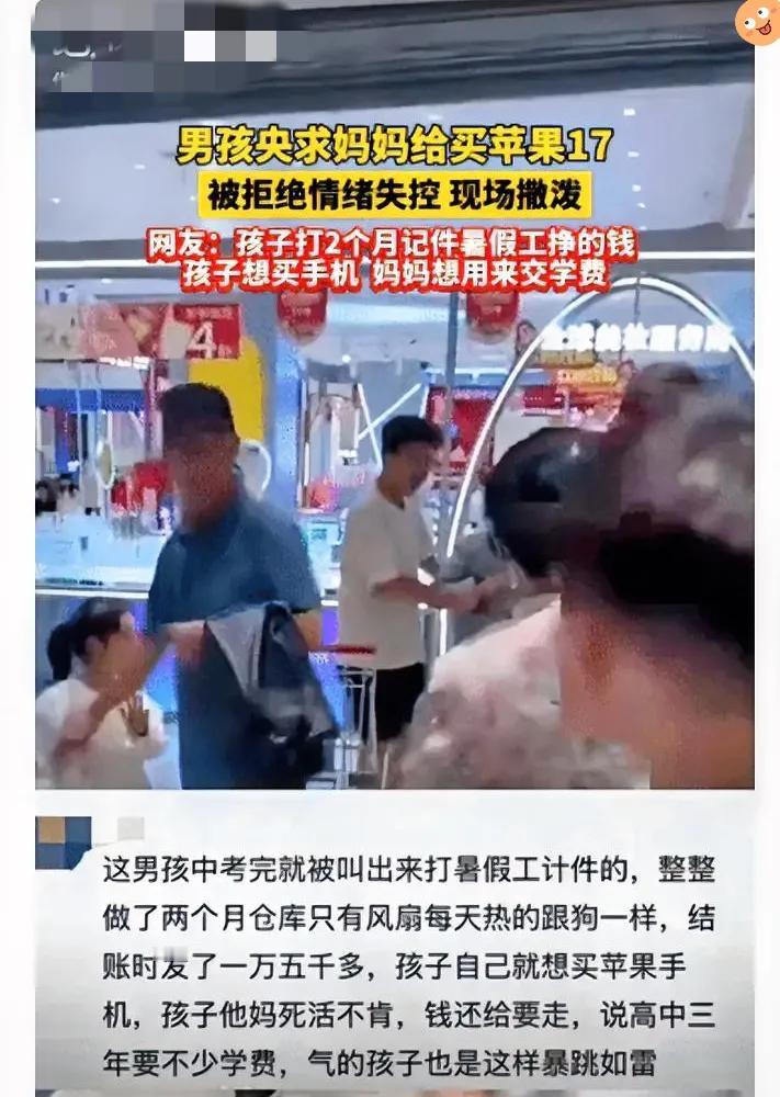 15岁娃打工挣1.5万买苹果手机，妈截胡存学费！这事你咋看？
 
5岁男孩暑期挣