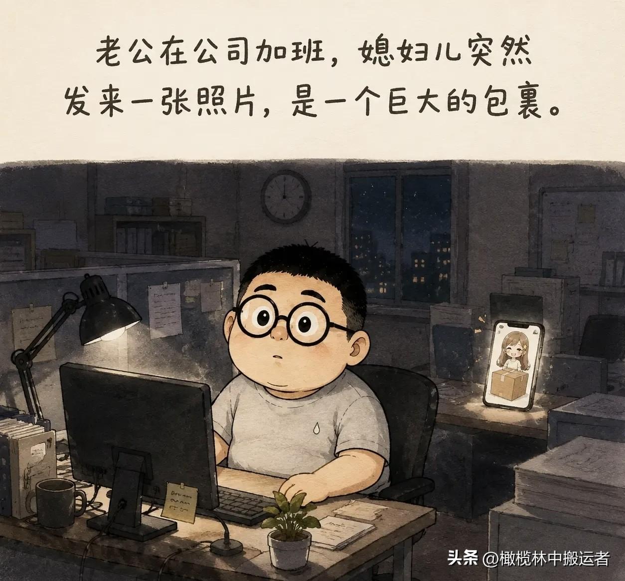 趣味漫画分享：老公在公司加班，媳妇儿突然发来一张照片，是一个巨大的包裹。办公室里