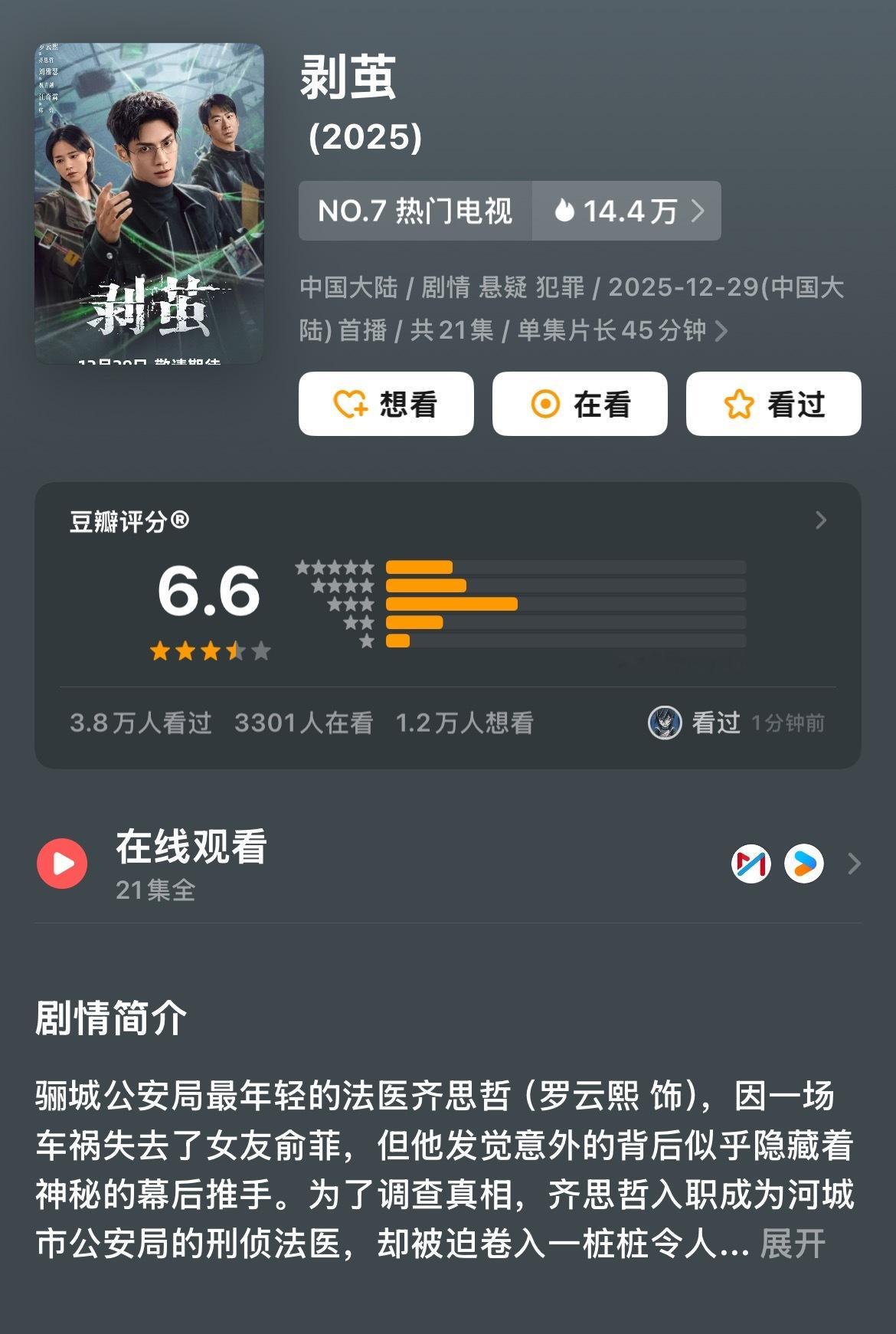 剥茧豆瓣开分6.6 领衔主演剧集《剥茧》豆瓣开分6.6，据猫眼专业版数据，截至当