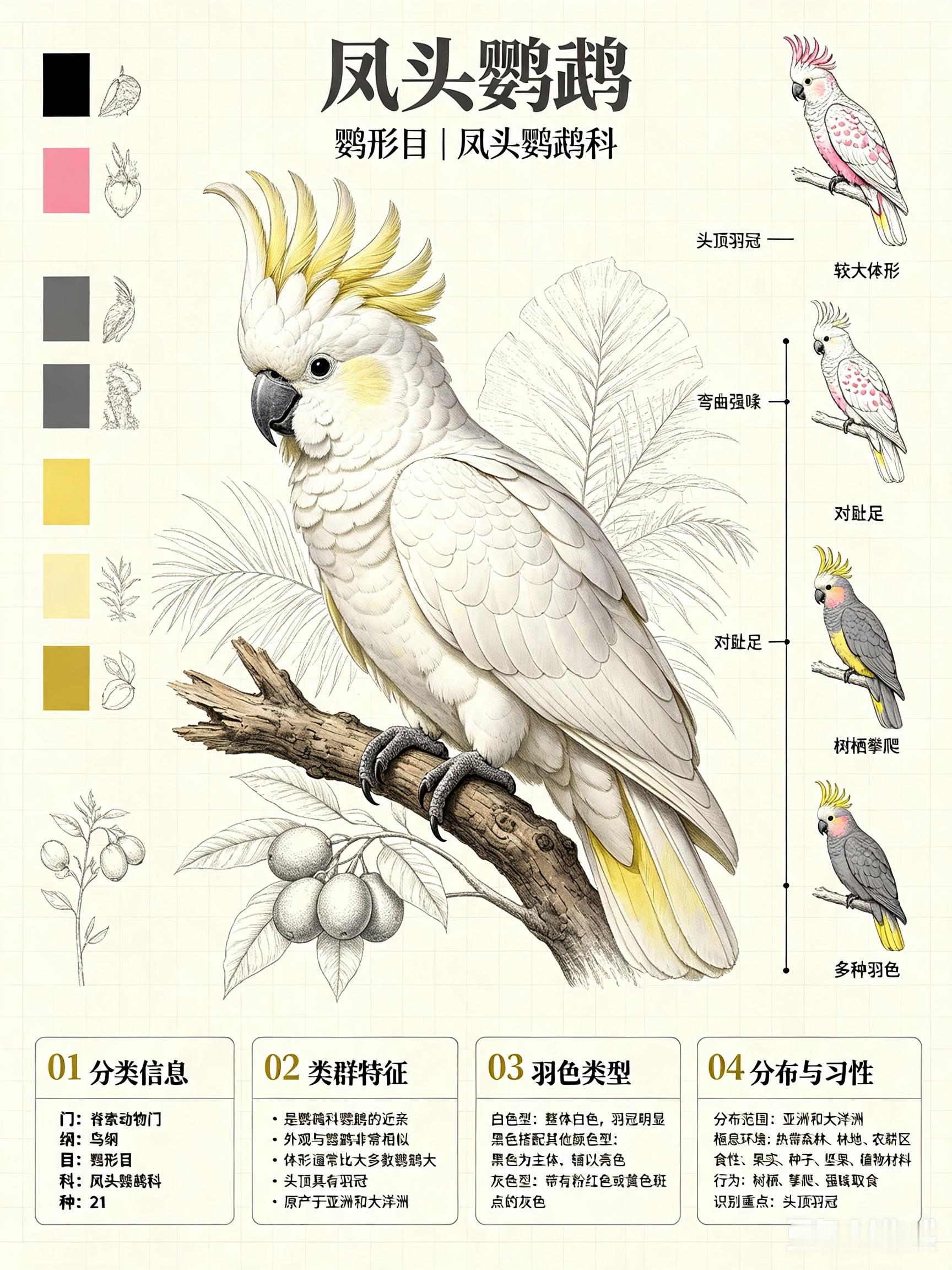 鸟类朋友图鉴 凤头鹦鹉门：脊索动物门纲：鸟纲目：鹦形目科：凤头鹦鹉科种：21它们