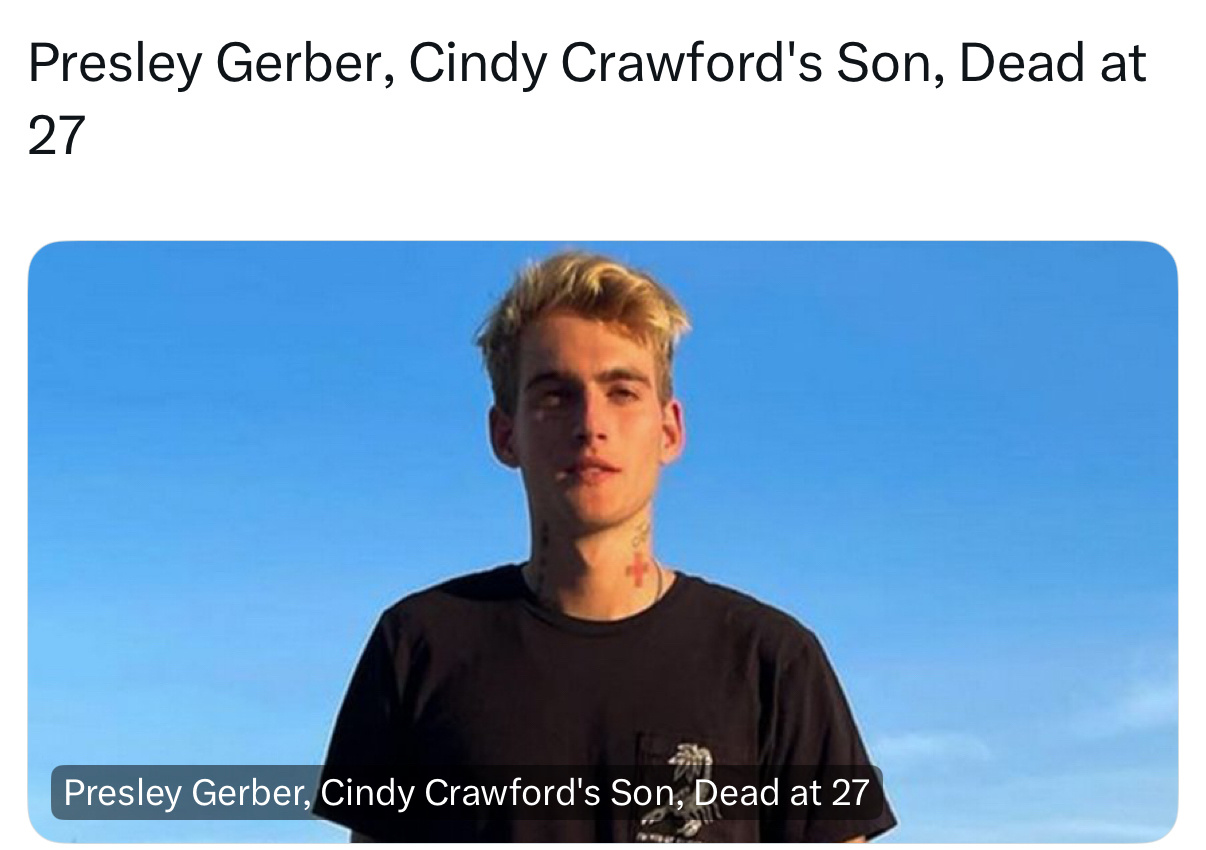 超模CindyCrawford儿子PresleyGerber去世27岁太年轻了…