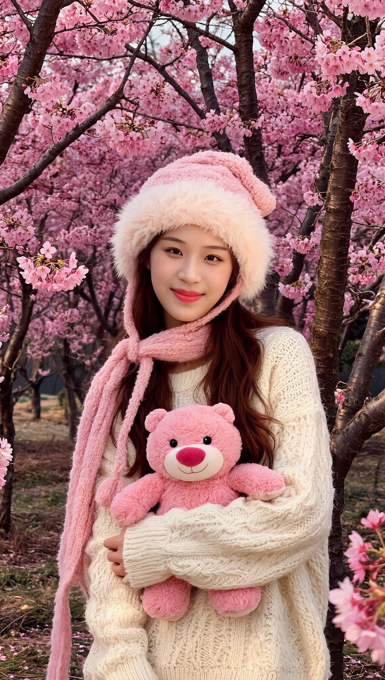 樱花树下，她抱着玩偶，像拥抱整个春天。粉白的花瓣轻舞，仿佛在低语：别错过，这转瞬