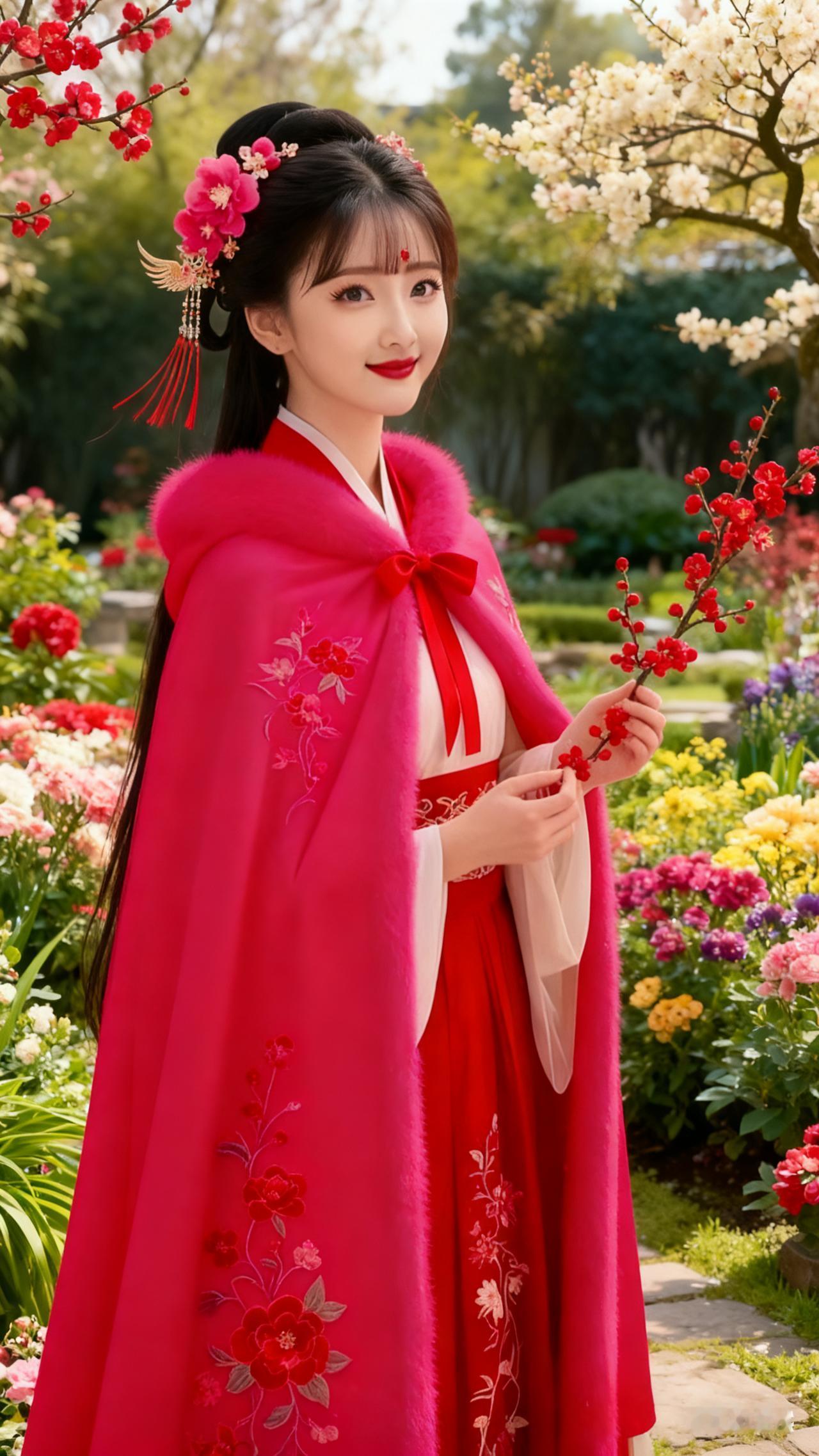 繁花似锦的后花园里，琵琶声明快悠扬。女子眼波流转笑意盈盈，凤钗流苏轻摇，眉间红梅