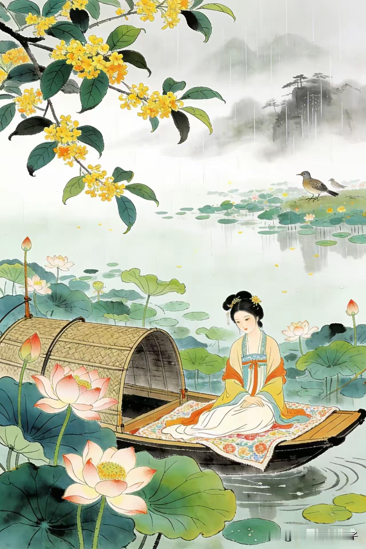 天净沙·秋景闲思
藕花深处兰舟，
桂香暗惹新秋。
玉簟凉时独守。
鸳鸯波逗，
惹