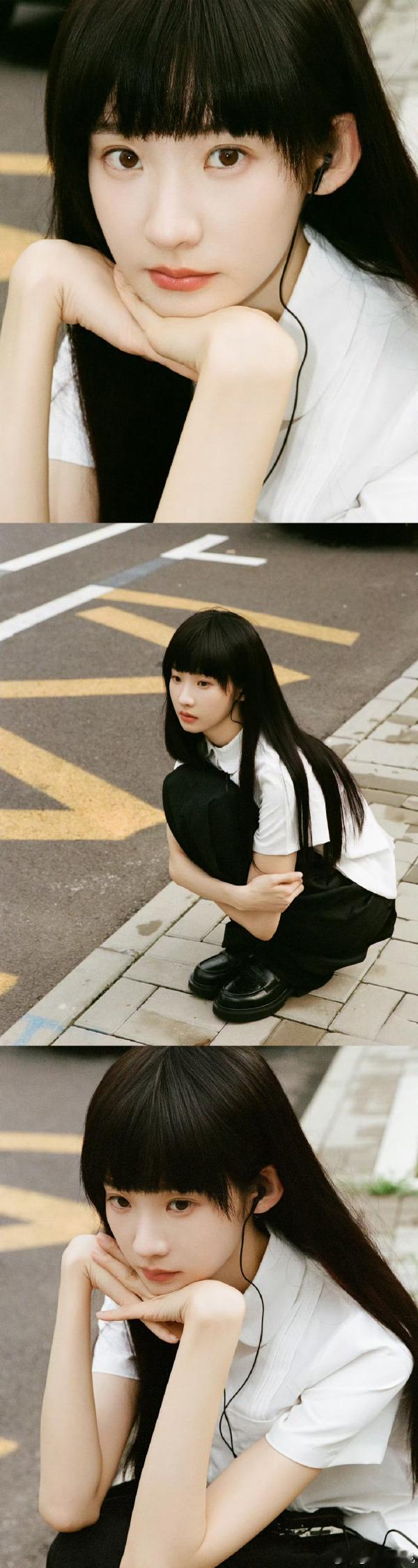 黑长直齐刘海自带少女感，笑容像小太阳般耀眼。耳机分你一半，把旋律与善意分享，治愈