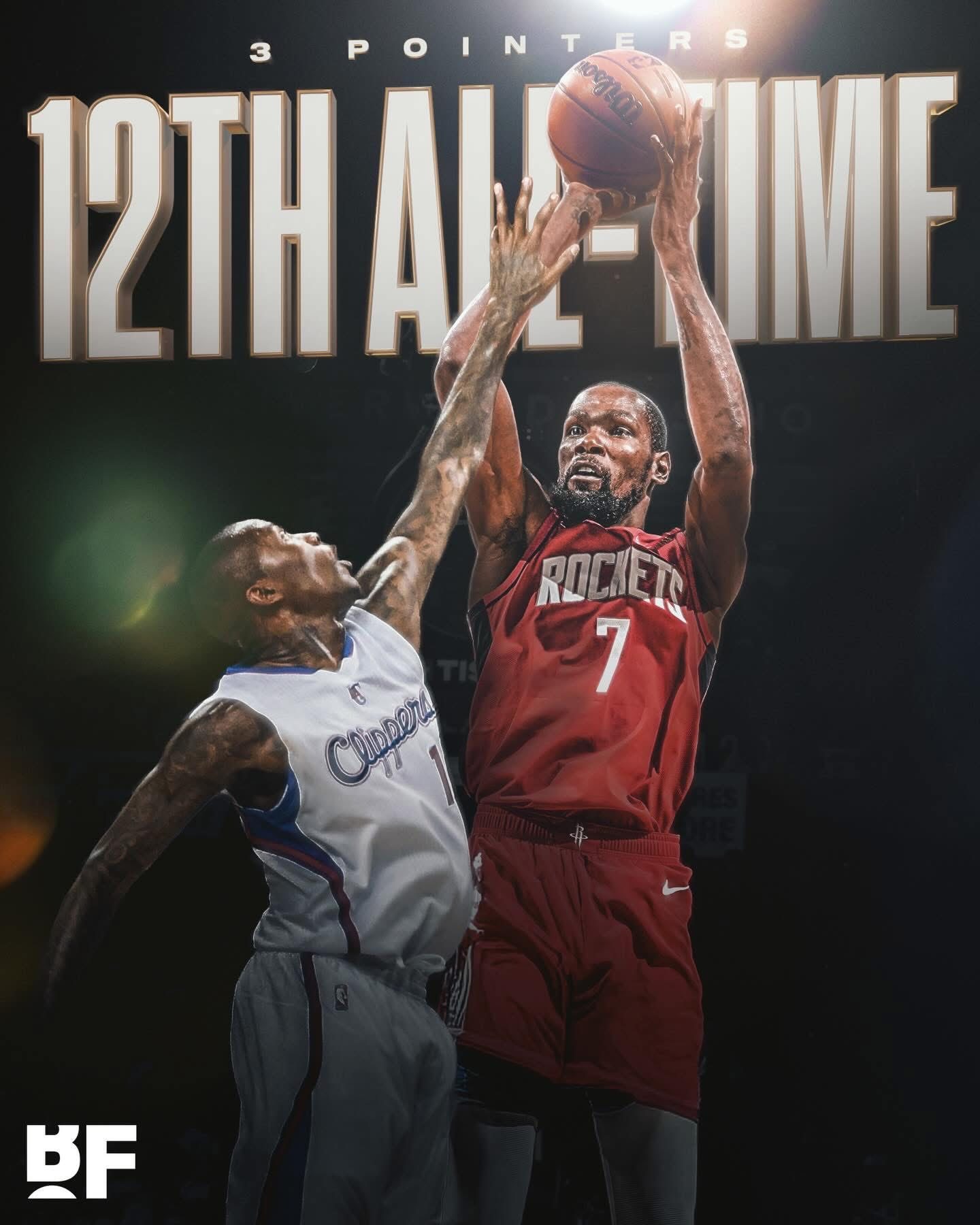 杜兰特超越贾马尔·克劳福德，升至历史三分球命中数第12位。新赛季篮不住