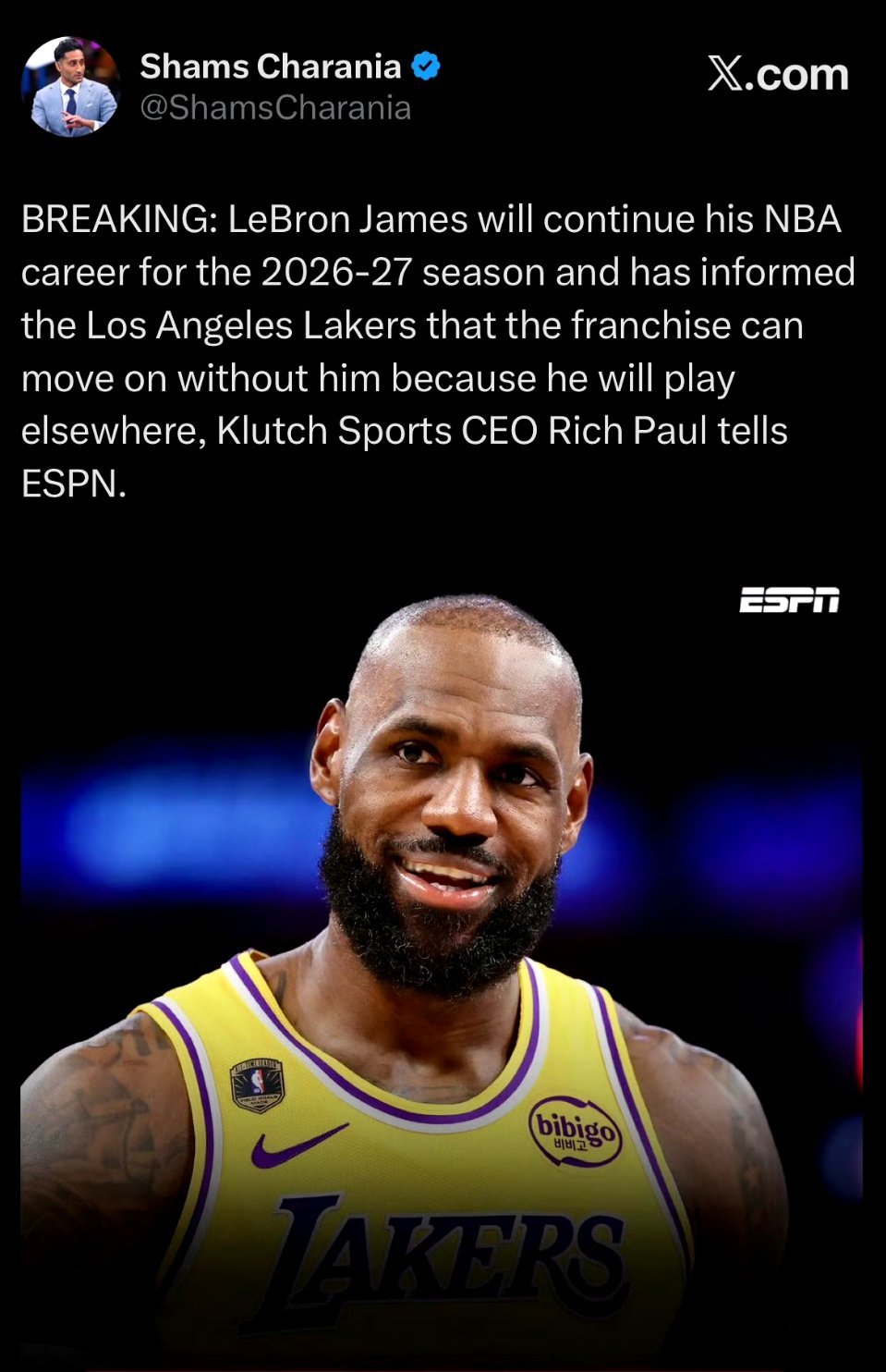 詹姆斯确定离开湖人据ESPN名记Shams报道，詹姆斯经纪人里奇·保罗透露，詹姆