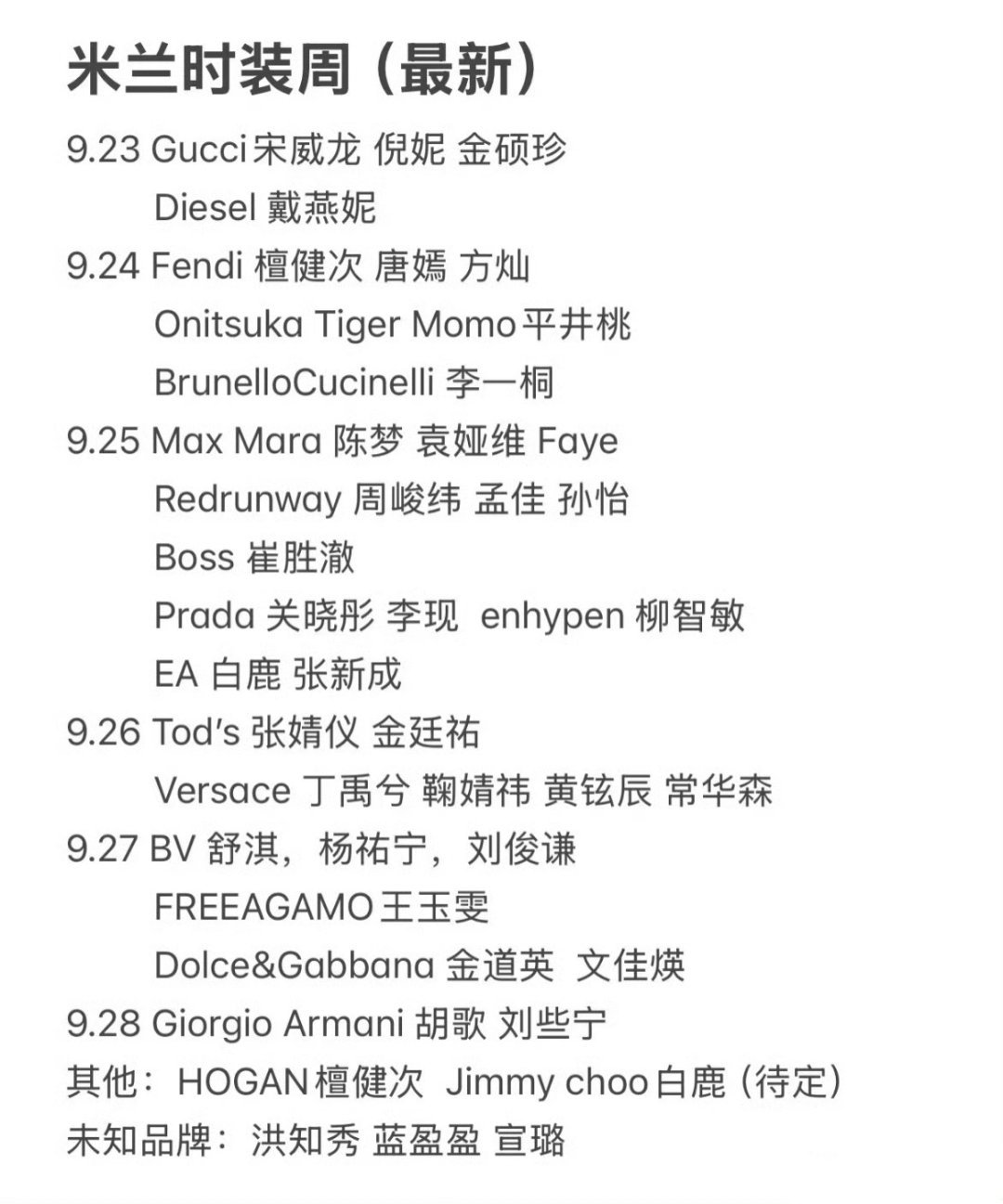 米兰/巴黎时装周中韩艺人出席名单及看秀时间 ​​​