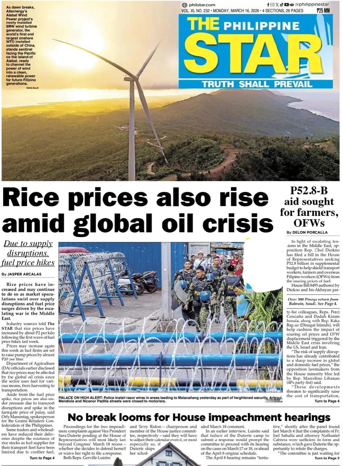 《菲律宾星报》头版报道，照片显示，黎明破晓之际，阿尔特能公司的阿拉巴特风力发电项