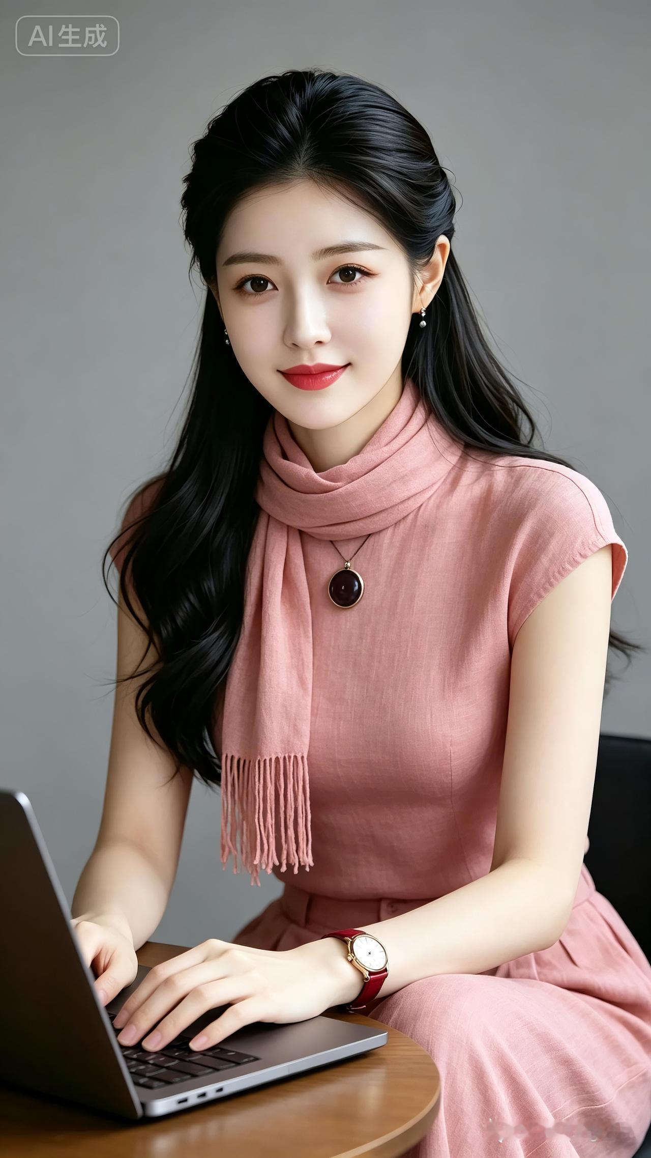 一位穿粉色裙子的女士在使用笔记本电脑。