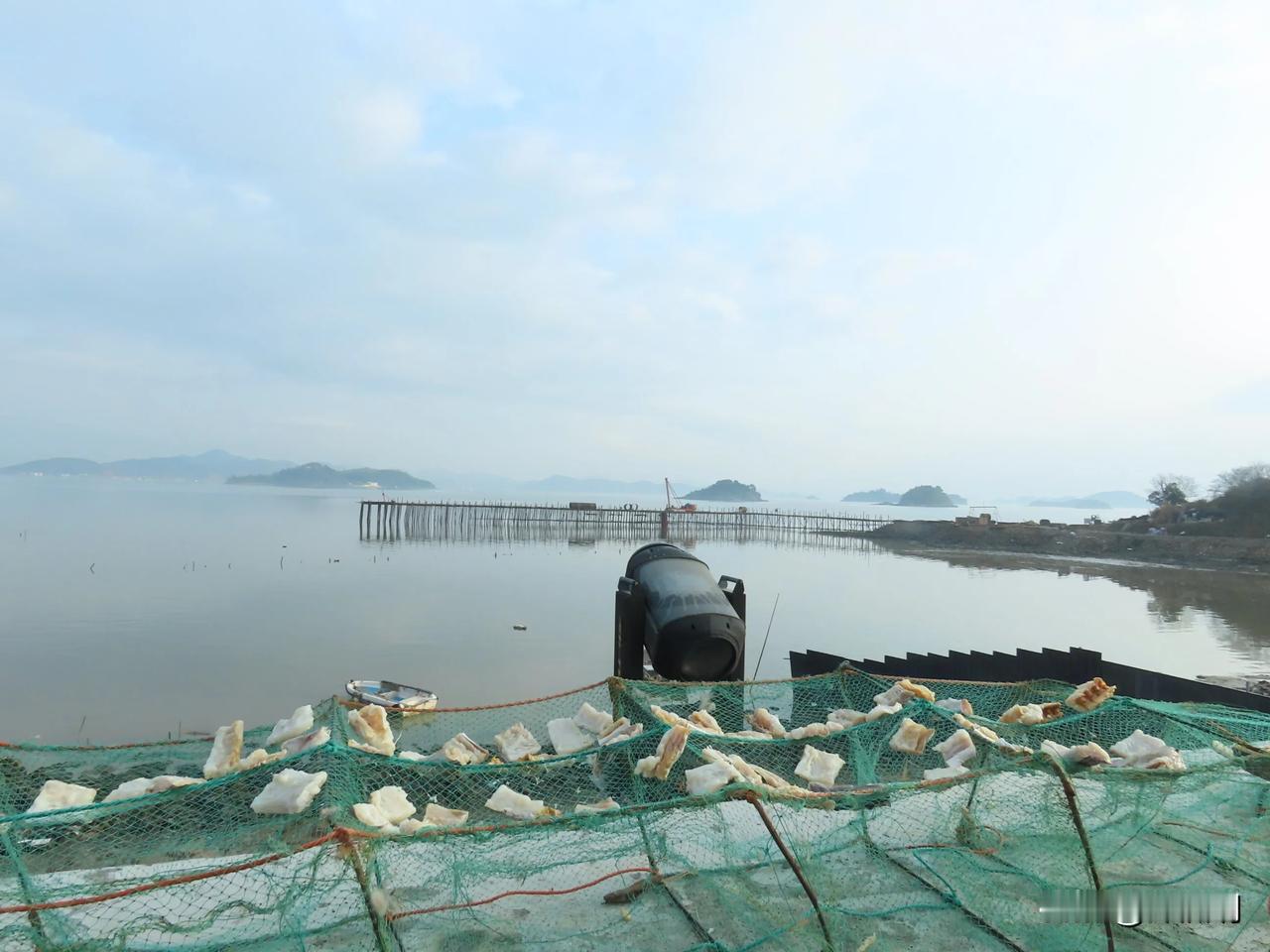 海边晒鱼干，静谧的海景与远山相映成趣。宁海强蛟