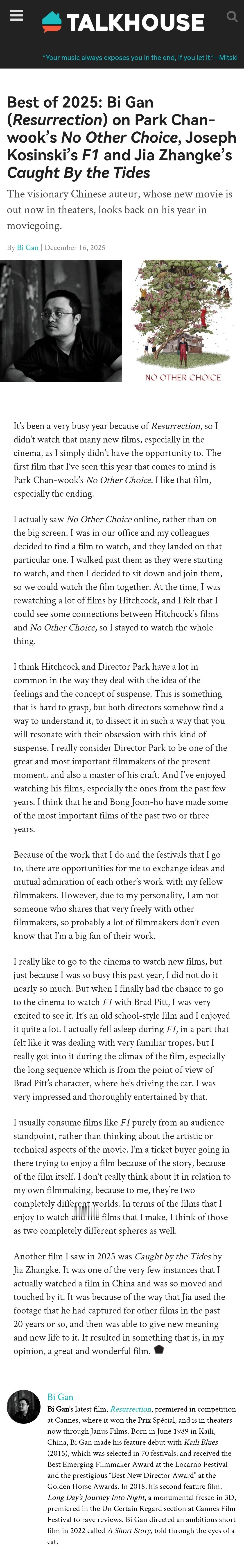 毕赣接受美国TALKHOUSE访问并撰稿【2025年度最佳：毕赣（《狂野时代》）