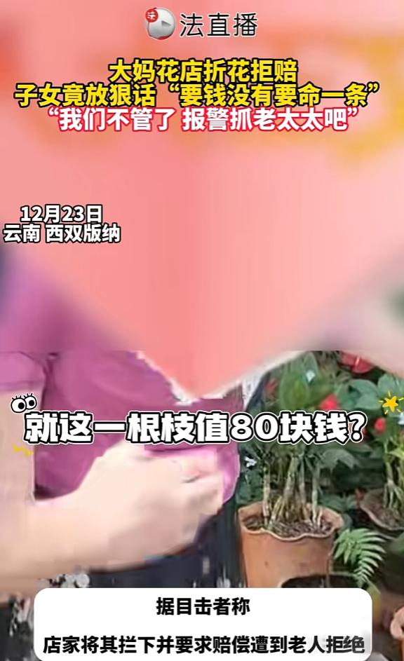 “太缺德了！”12月23日，云南西双版纳，一老太在逛花店时，随手折断了一根花枝，
