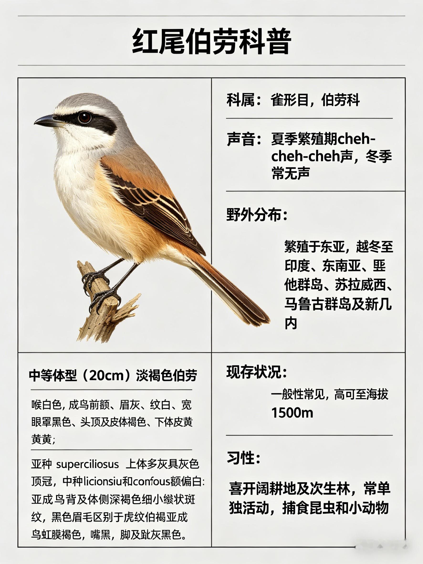 鸟类朋友图鉴 红尾伯劳·科属：雀形目，伯劳科。·外形特征：中等体型（20cm）的