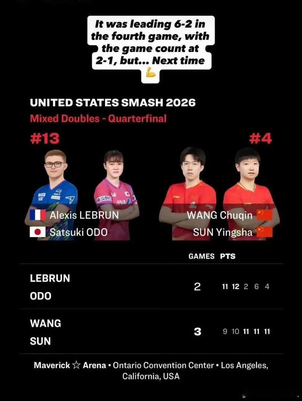大藤沙月的教练赛后发文：“大藤的混双当时大比分2-1领先，第四局还6-2占优，可