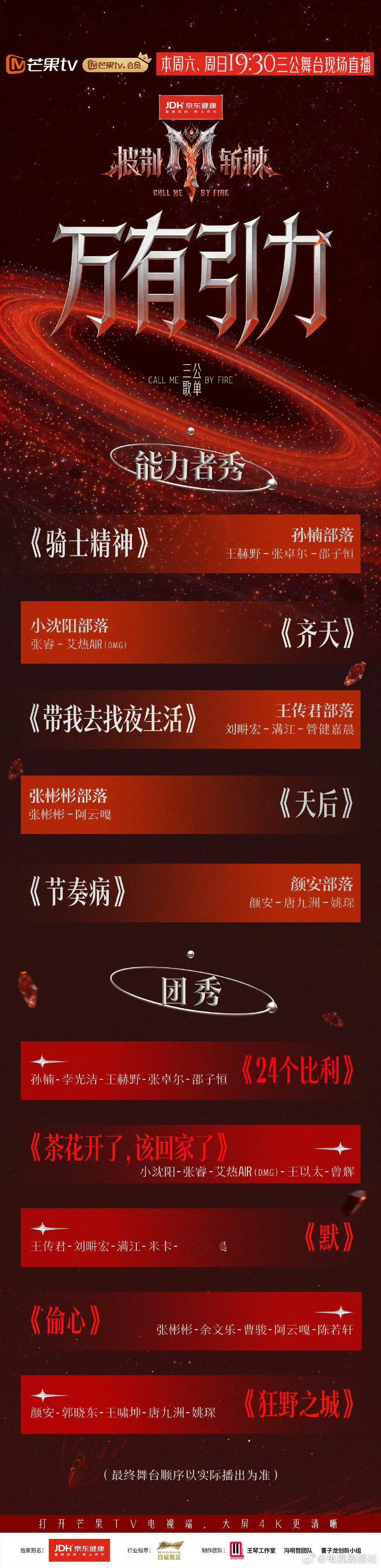 披荆斩棘三公歌单解锁 《24个比利》《偷心》《带我去找夜生活》曲目曝光，每一组搭