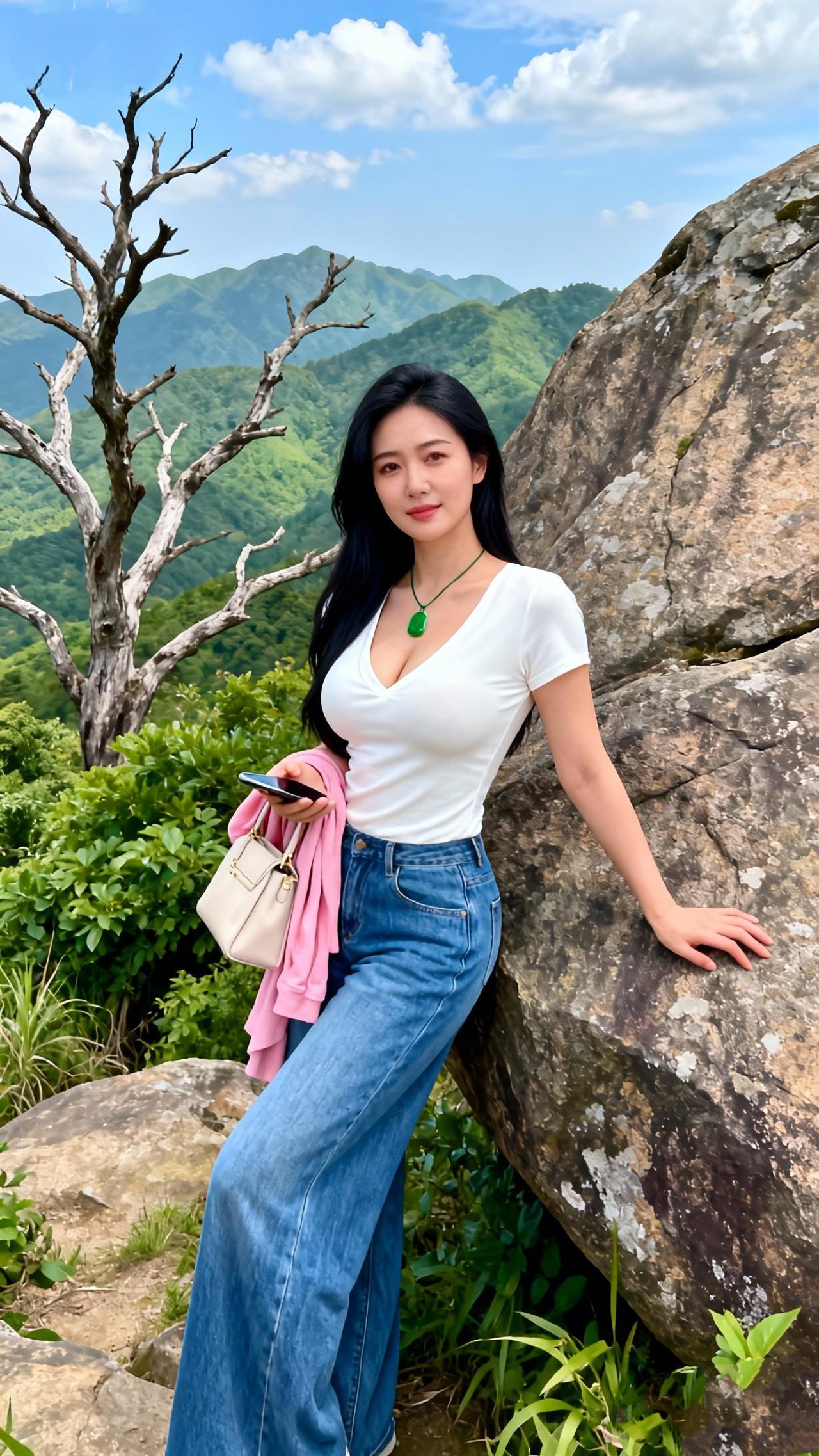 《山巅晴影》
 
青峰叠翠入云悠，石畔佳人倚碧丘。
白衫漫卷山风软，一点莹琚缀颈