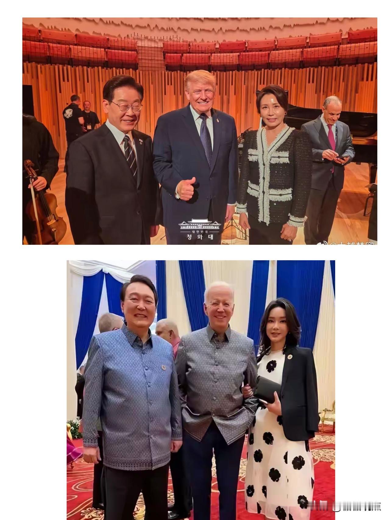 李在明的夫人确实与众不同，
不管是从穿着和举止，
从这张合影可以看出2个夫人的段