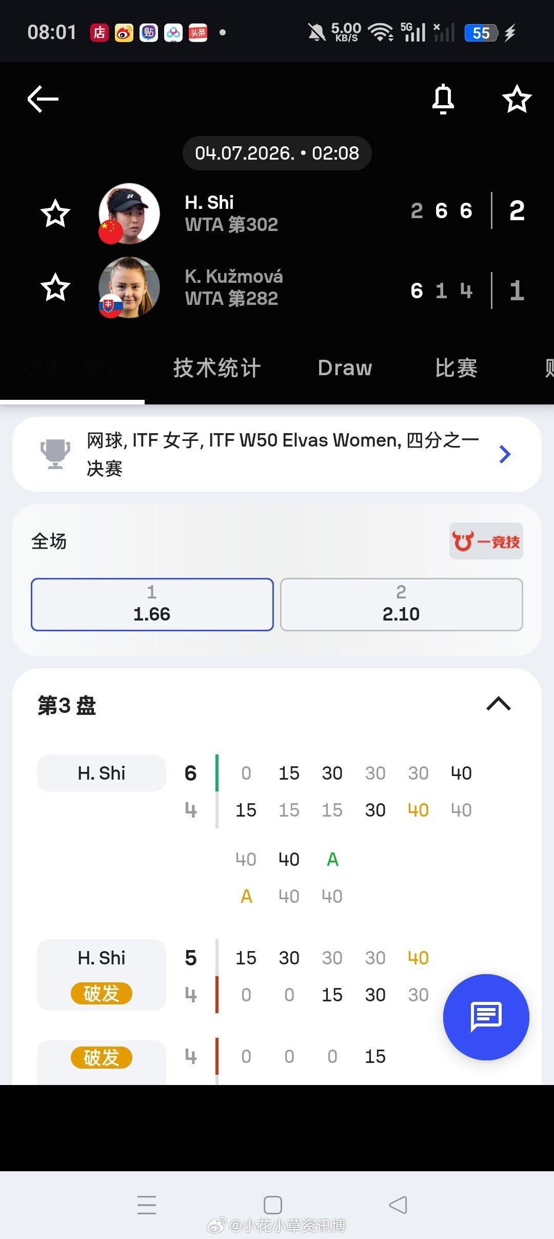 小花小草资讯小花小草资讯 【🇵🇹埃尔瓦什W50】女单四分之一决赛🇨🇳施晗