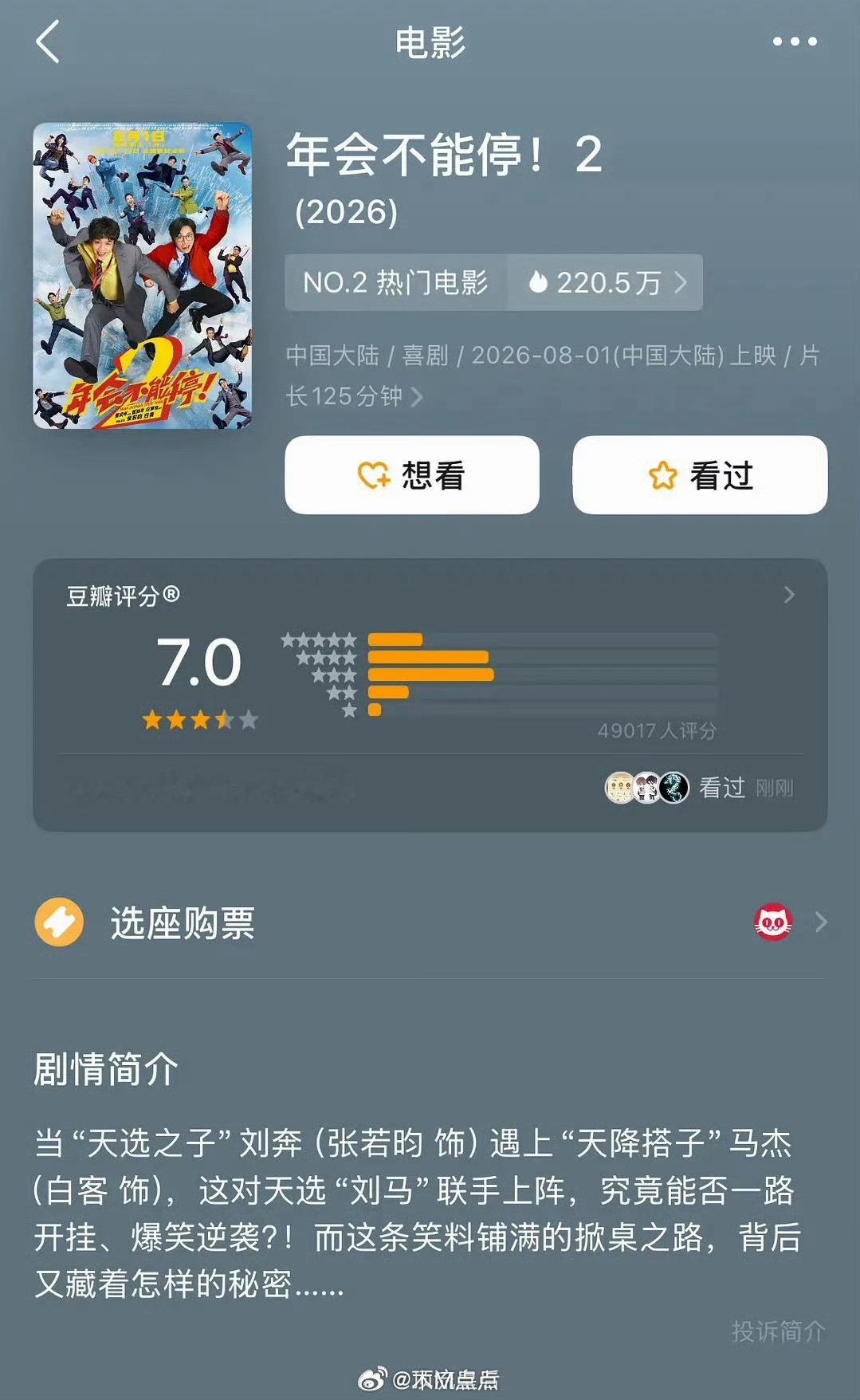 年会不能停2豆瓣开分7.0，预料之内～看过的小伙伴觉得这部电影能打几分？ 