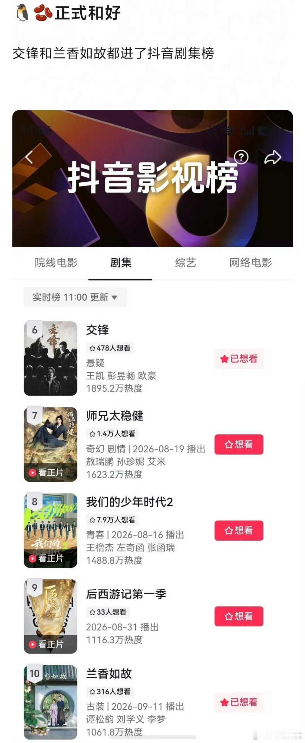 腾讯视频和抖正式和好，交锋和兰香如故进剧集榜[doge] ​​​