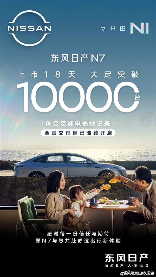 日产N7上市18天大定破1万台5月15日，东风日产公布了日产N7的订单情况，日产