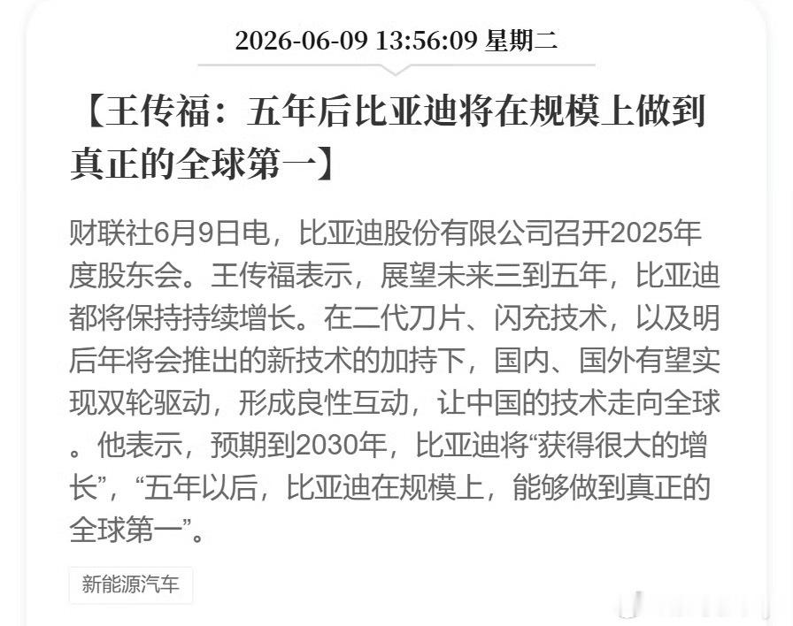 王传福称5年后比亚迪规模全球第一比亚迪董事长王传福在2025年度股东会上表示，未