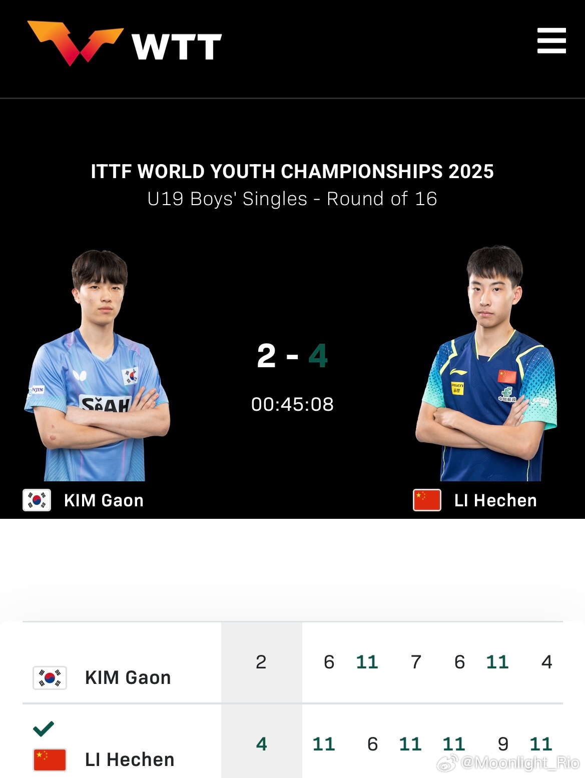 2025年国际乒联世青赛U19男单1/8决赛🇨🇳李和宸4比2金佳温🇰🇷（