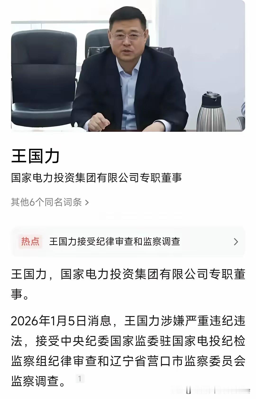 国家电投董事王国力被查，能源反腐持续推进

2026年1月5日，国家电力投资集团