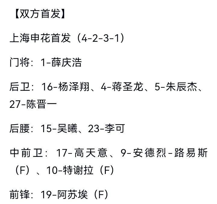 申花首发出炉！争取本轮结束优势来到6分！杨泽翔重回首发！刘诚宇继续替补！我们看到