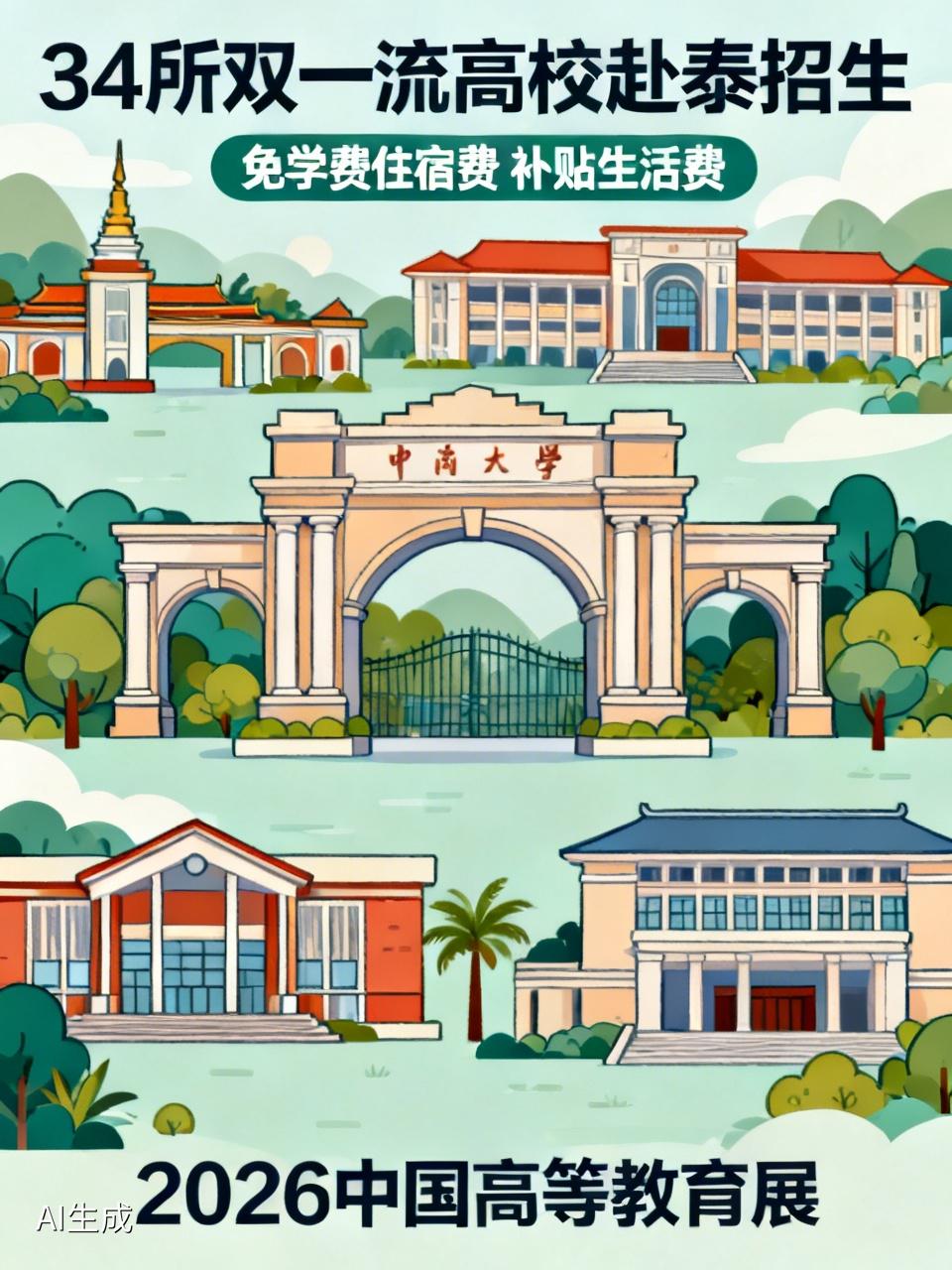 34所双一流高校赴泰国拓展留学生源，打出免学费住宿费、补贴生活费的宣传，引发巨大