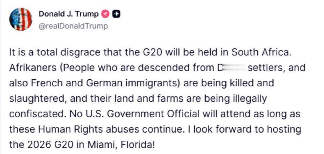 “二十国集团（G20）峰会将在南非举办，这完全是一种耻辱。阿非利卡人（荷兰殖民者