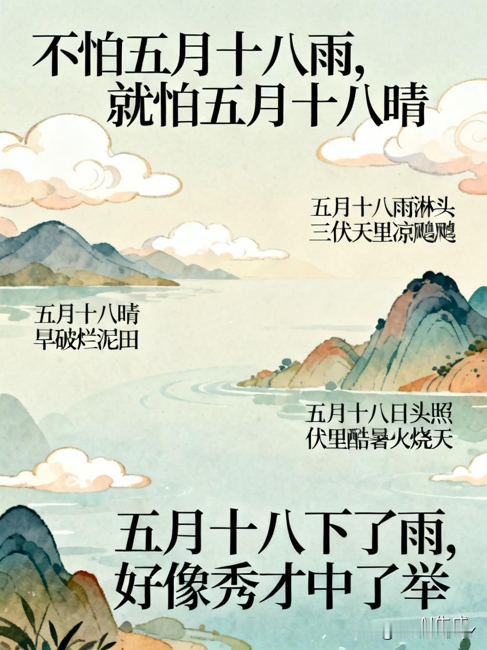 今天是五月十八民间俗语有
1. 不怕五月十八雨，就怕五月十八晴
五月十八要是下雨