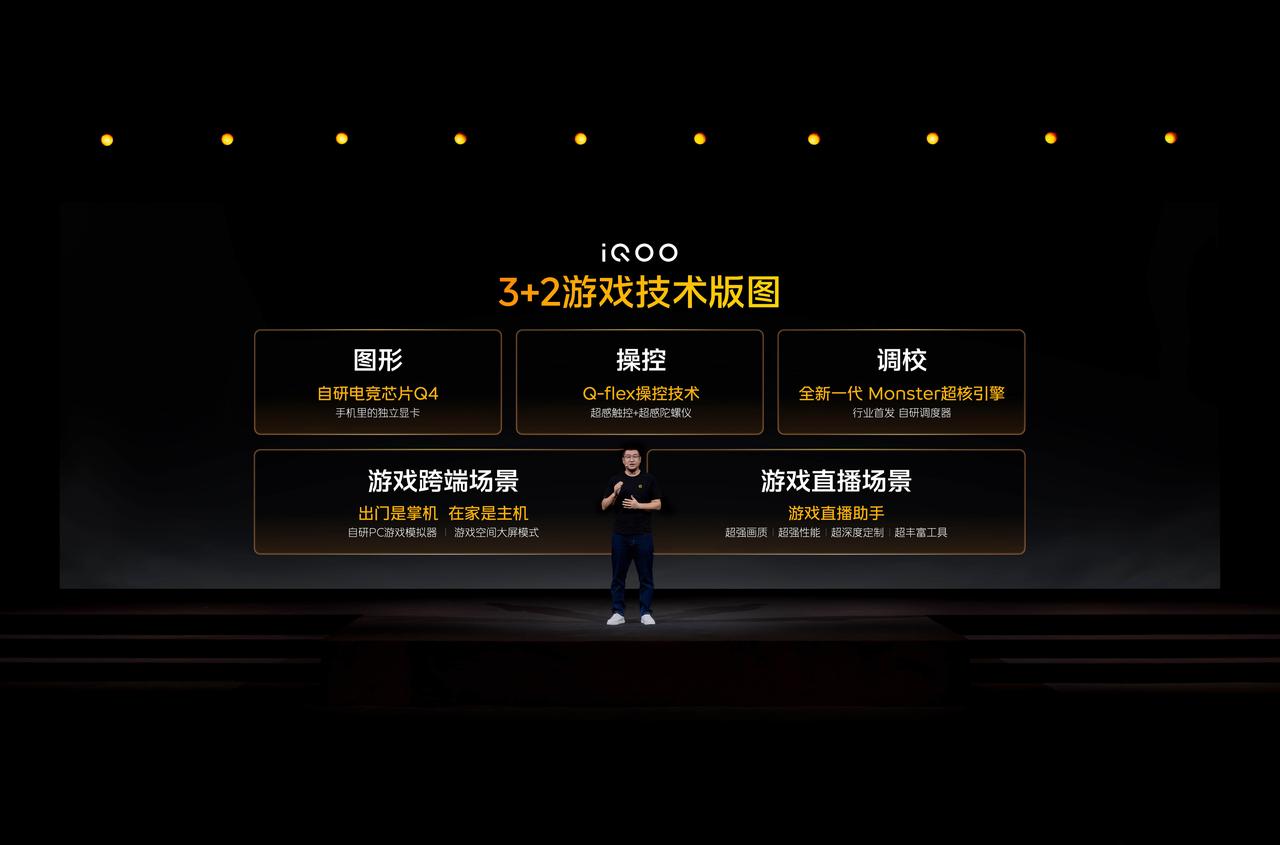iQOO今天开了个电竞技术沟通会，他们组建了一个「3 + 2 游戏技术版图」，把
