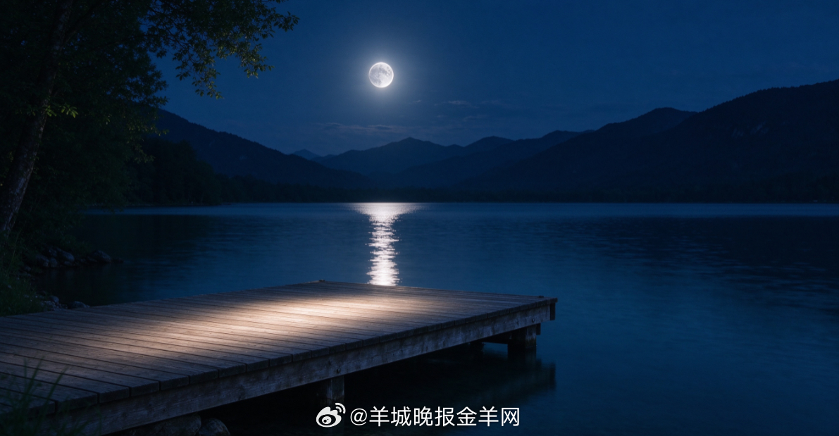 #晚安# 月光落在安静的湖边木台上，湖面映着银白月色，远处山影轻轻沉入夜色。在这
