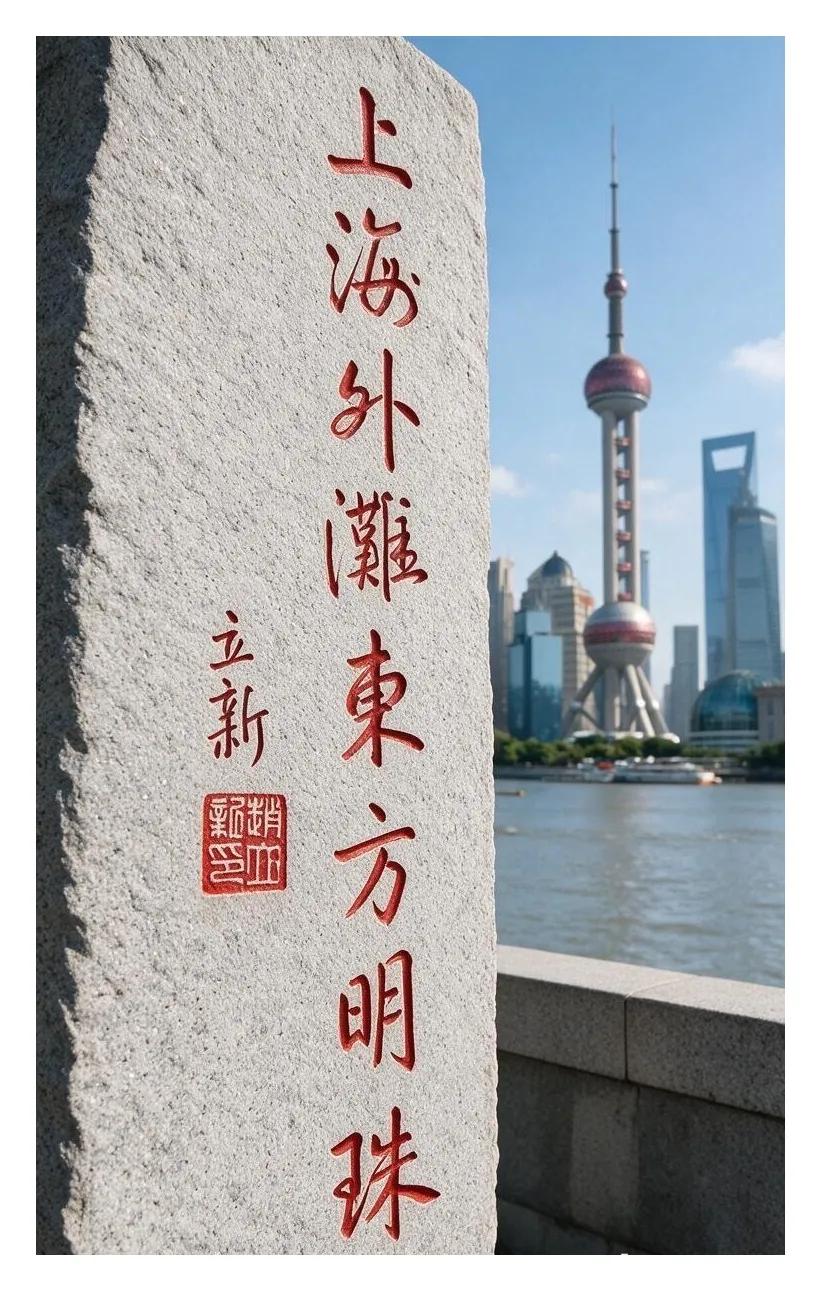 立碑刻字，上海外滩东方明珠。