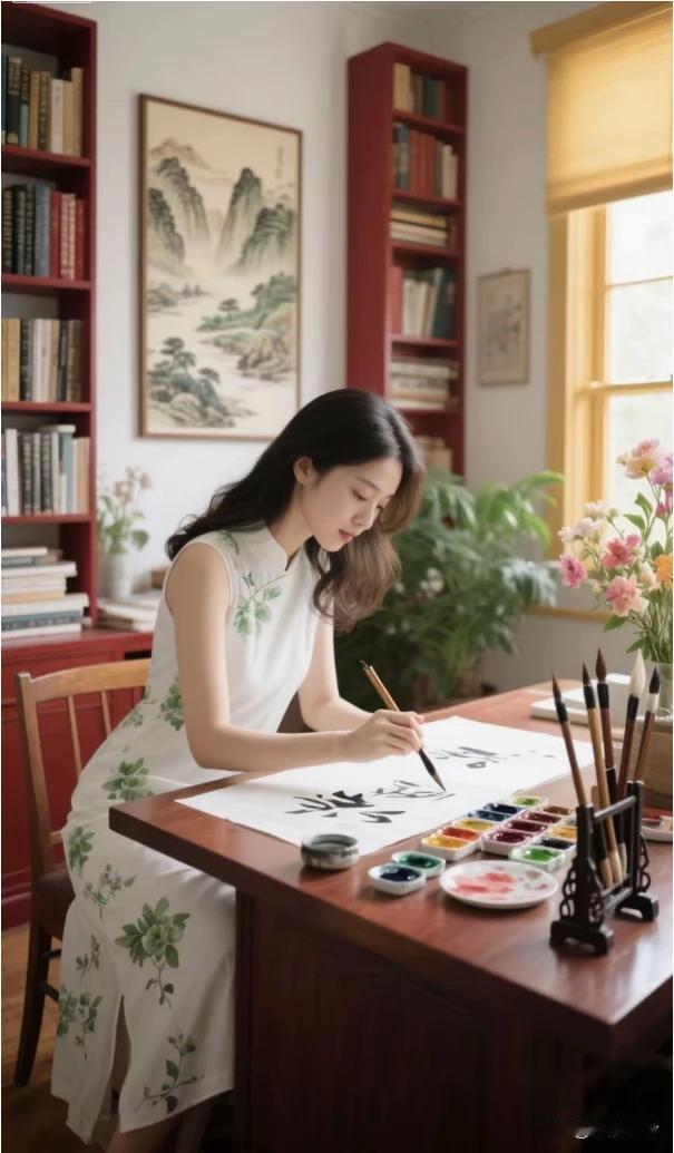 素衣轻绾墨香柔，
笔走龙蛇纸上留。
窗外春山藏秀色，
丹青写意乃妙手。