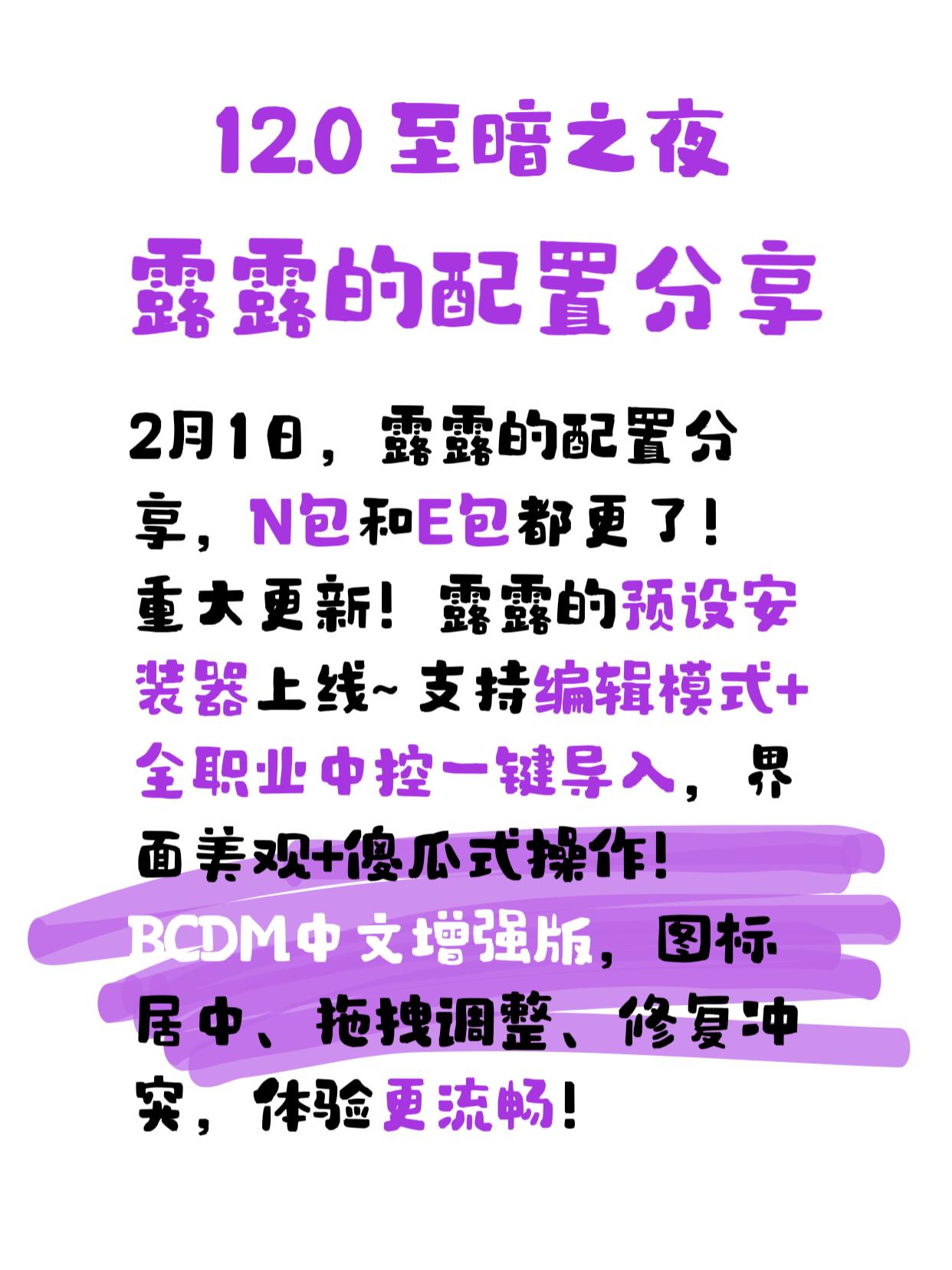 2月1日，露露的配置分享，12.0正式服。露露的配置分享，N包和E包都...