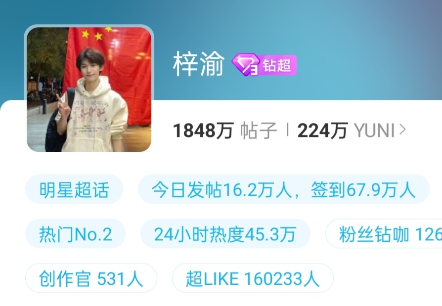 梓渝超like破16w恭喜梓渝超话超LIKE突破16w了💥YUNI实力这一块！