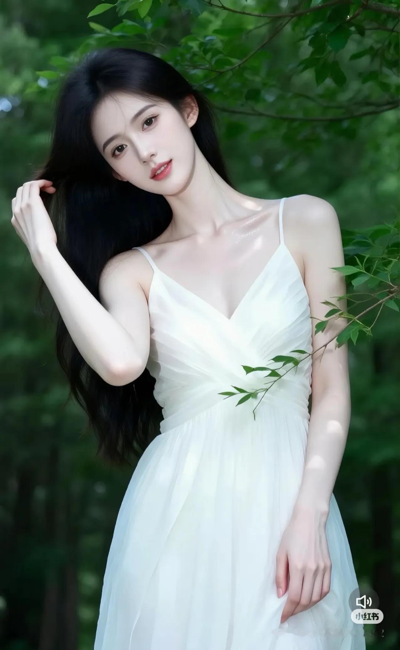 仙气飘飘的森林女神，白裙飘飘，宛如画中人。街拍 高清美女