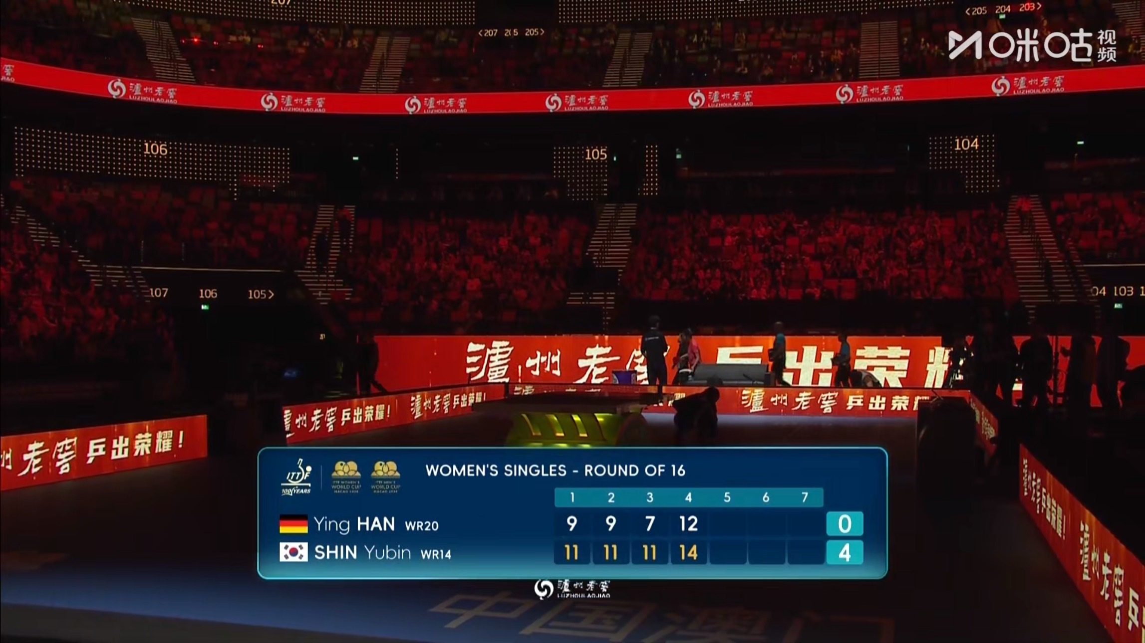 申裕斌4比0韩莹 乒乓球 (11-9，11-9，11-7，14-12)晋级澳门世