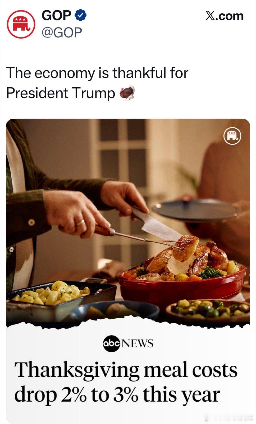 共和党总部的官方账号：感恩节套餐降价2-3%，经济感恩总统🦃 普通人每年最重视