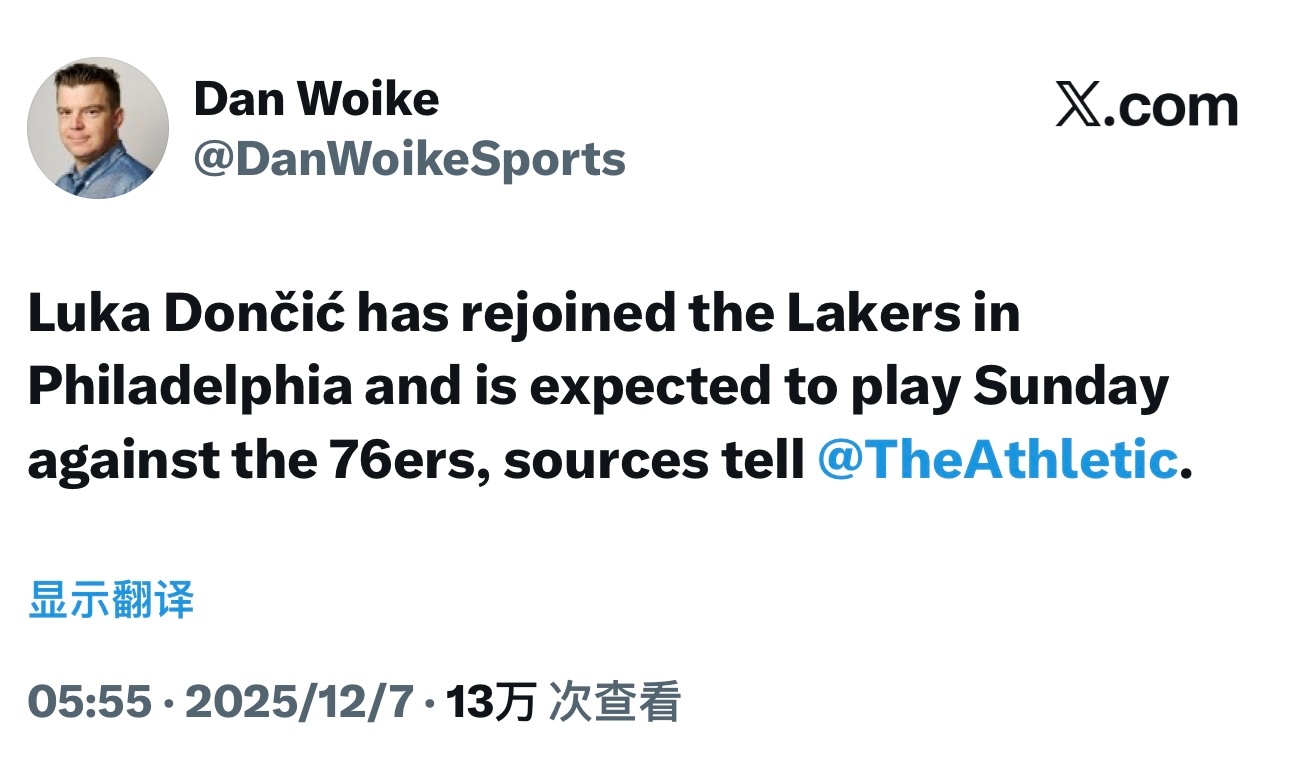 队记Dan Woike：东契奇已经与湖人在费城汇合，他预计将出战明天的比赛。 