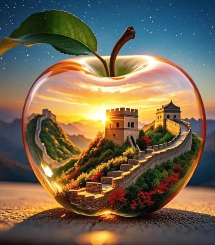 # 惊艳的国风艺术 # 长城的壮丽与苹果的奇妙结合，美不胜收！🍎🏰🌄#l溶