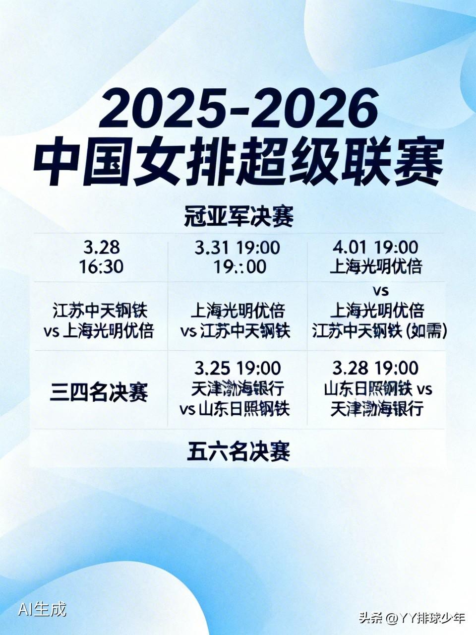 2025-2026中国女排超级联赛 名次决赛赛程

冠亚军决赛（三场两胜制）
