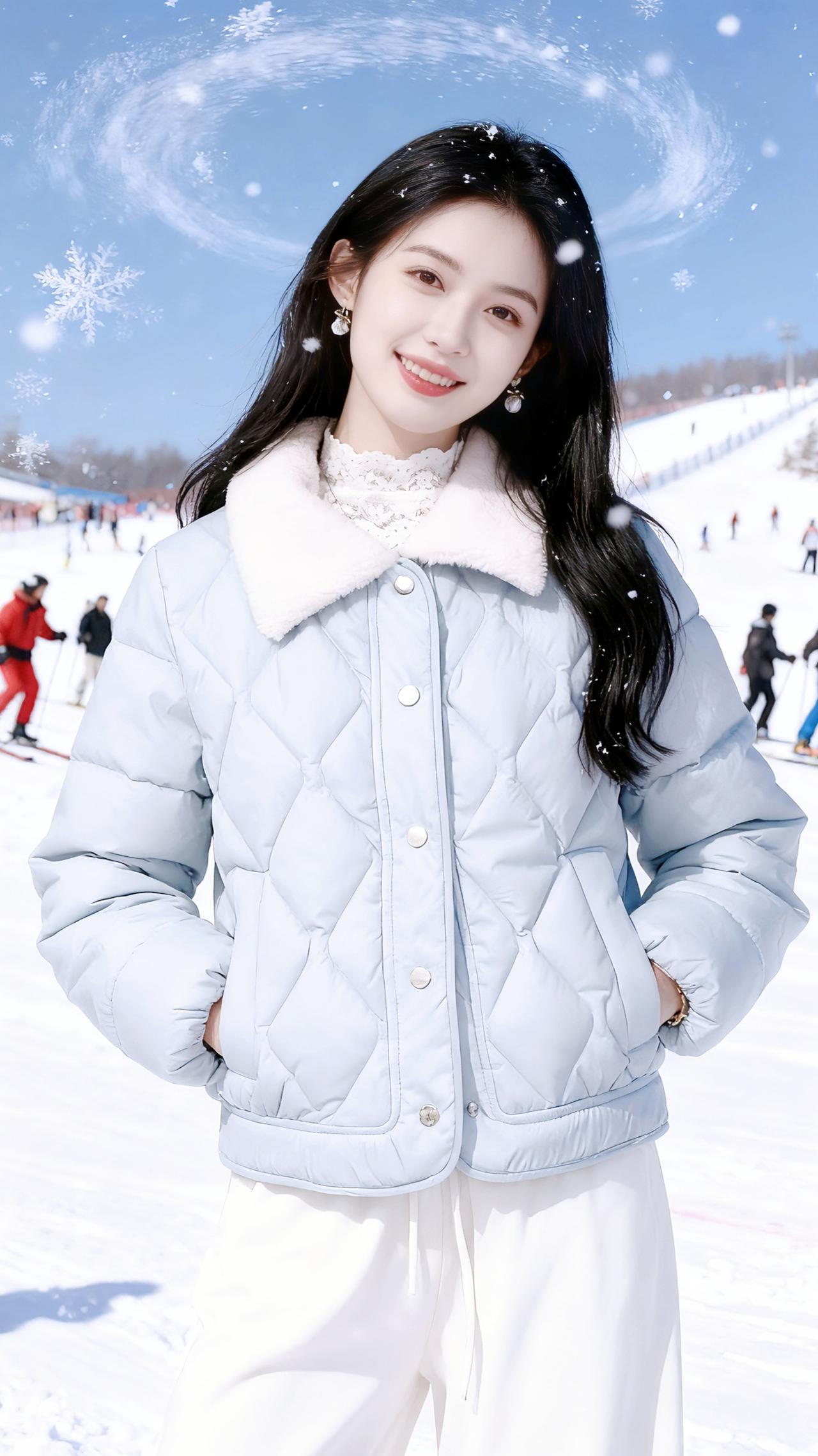 她把雪天穿成了一首诗。
 
浅蓝色的棉服是落雪前的天色，菱格纹路里裹着松枝上的软