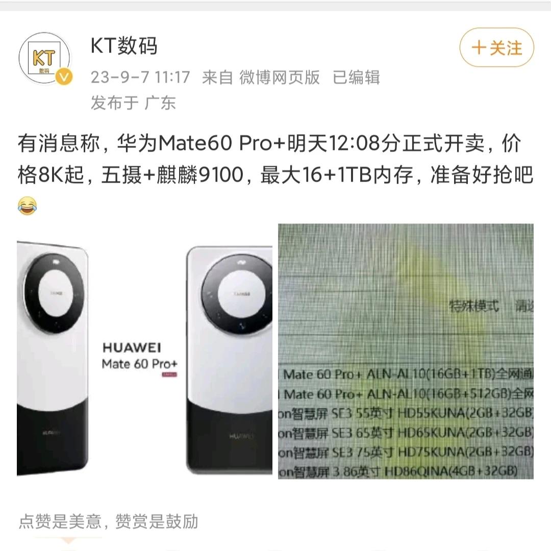 王炸出来了[打call]，Mate 60 Pro+
明天华为商城，中午12:08