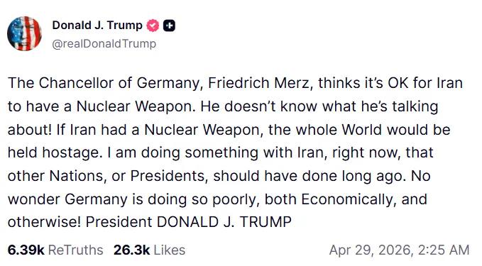 德国总理默茨居然认为伊朗拥有核武器也可以接受。他根本不懂自己在说什么！如果伊朗真