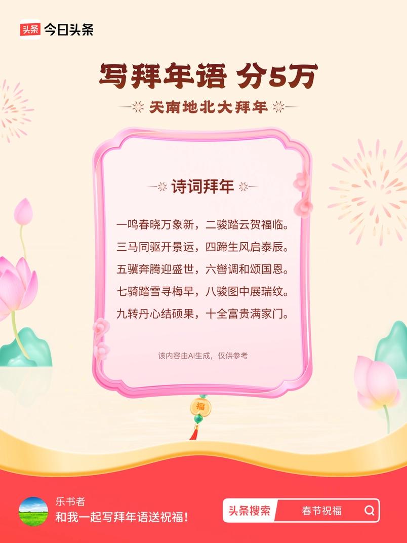 写拜年语送祝福新春拜年送祝福！我的祝福是：“一鸣春晓万象新，二骏踏云贺福临。三马
